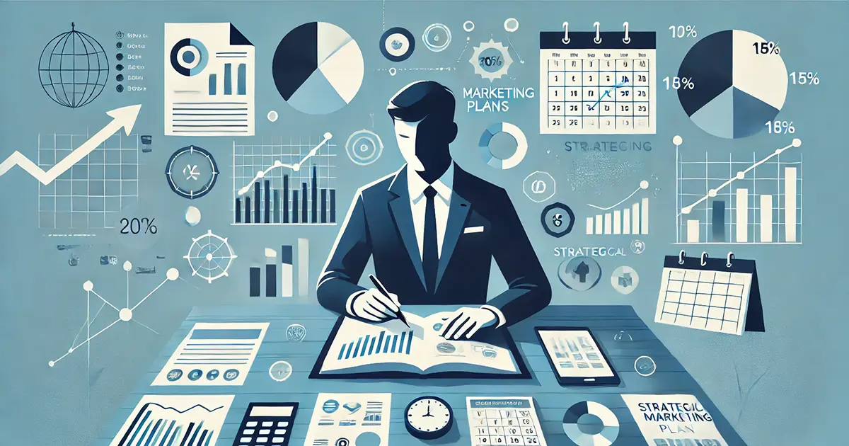 fractional chief marketing officer reviewing marketing plans with charts in background