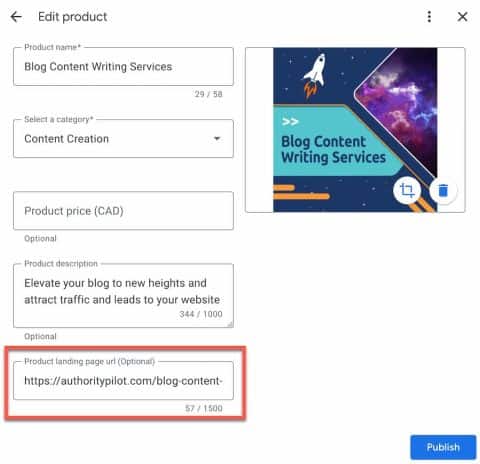 google business profile edit product url