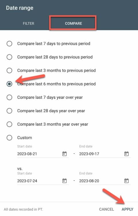 google search console filter compare to find declining content
