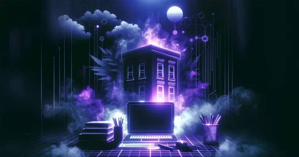 professional web design services cyberpunk image of purple night with house in background and laptop in foreground and smoke and mist hovering