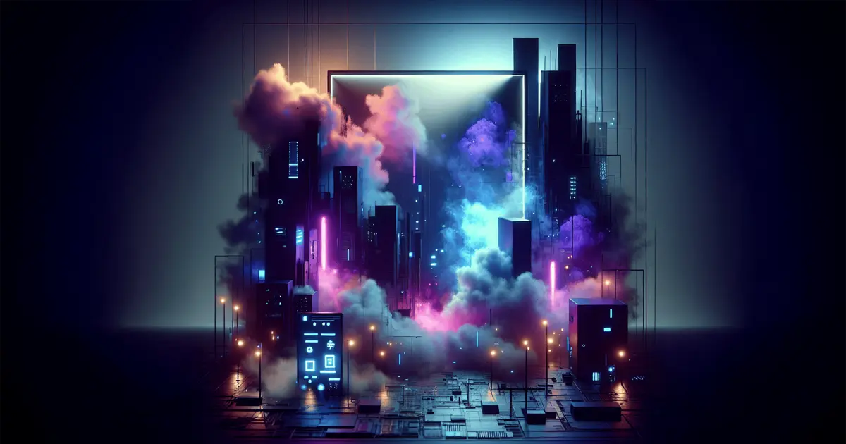Responsive web design cyberpunk image of a cityscape at night with streetlights and purple clouds
