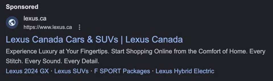 Sponsored google ads for search example showing lexus canada cars and suvs