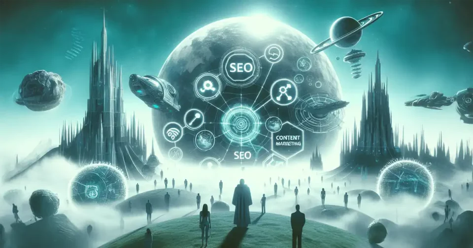 seo content marketing strategy people walking towards content from a massive distant planet on the horizon