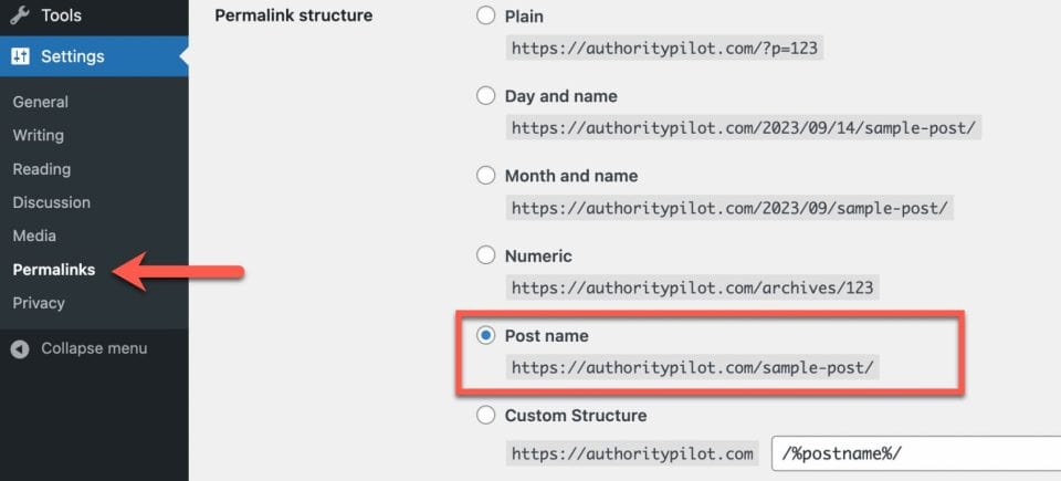 url structure post name setting to use under permalinks