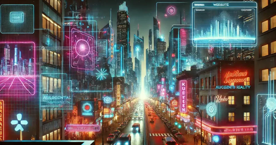 web design inspiration cyberpunk cityscape evening main street lit up by neon lights